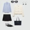 All of the items are from Mango: Shoes, Shirt, Skirt, Tweed Jacket, Shopper Bag, Sunglasses and Earringst