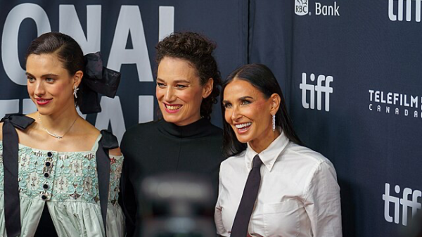 Demi Moore and co-stars promote body horror film 'The Substance' on press tour.