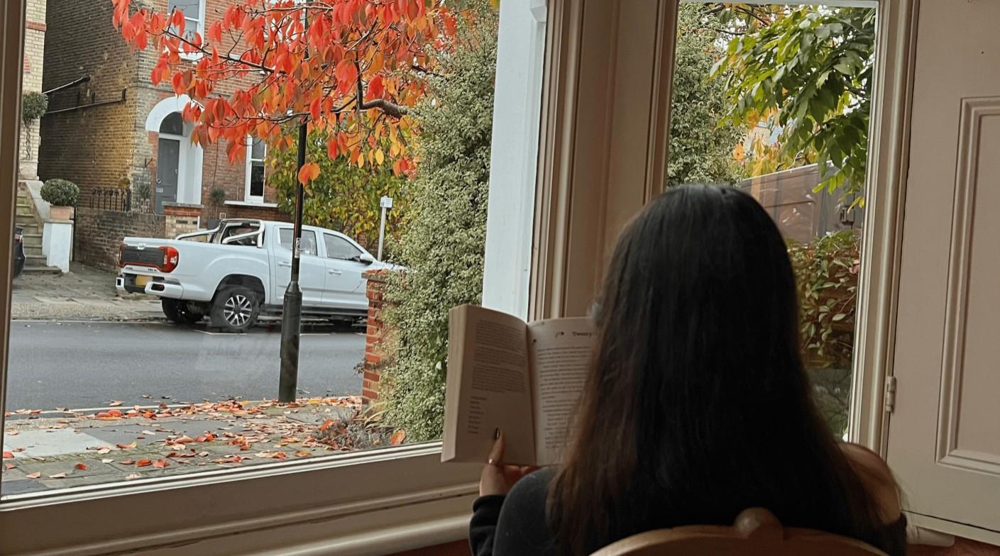 Girl reading a book in front of a window