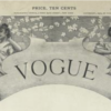 'Vogue' header taken from 1906 issue. 'Vogue' is printed in a serif font on a banner, flanked by two seated women. The header is illustrated.