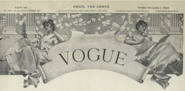 'Vogue' header taken from 1906 issue. 'Vogue' is printed in a serif font on a banner, flanked by two seated women. The header is illustrated.