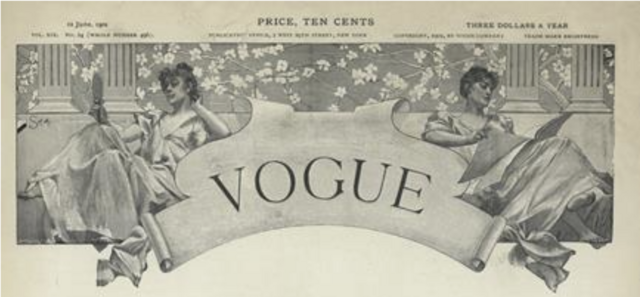 'Vogue' header taken from 1906 issue. 'Vogue' is printed in a serif font on a banner, flanked by two seated women. The header is illustrated.