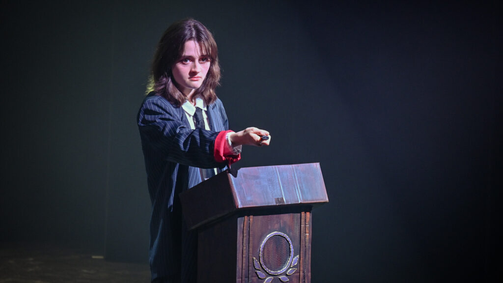 Emma Howard Littlefeild as Brutus gives Caesar's funerary speech