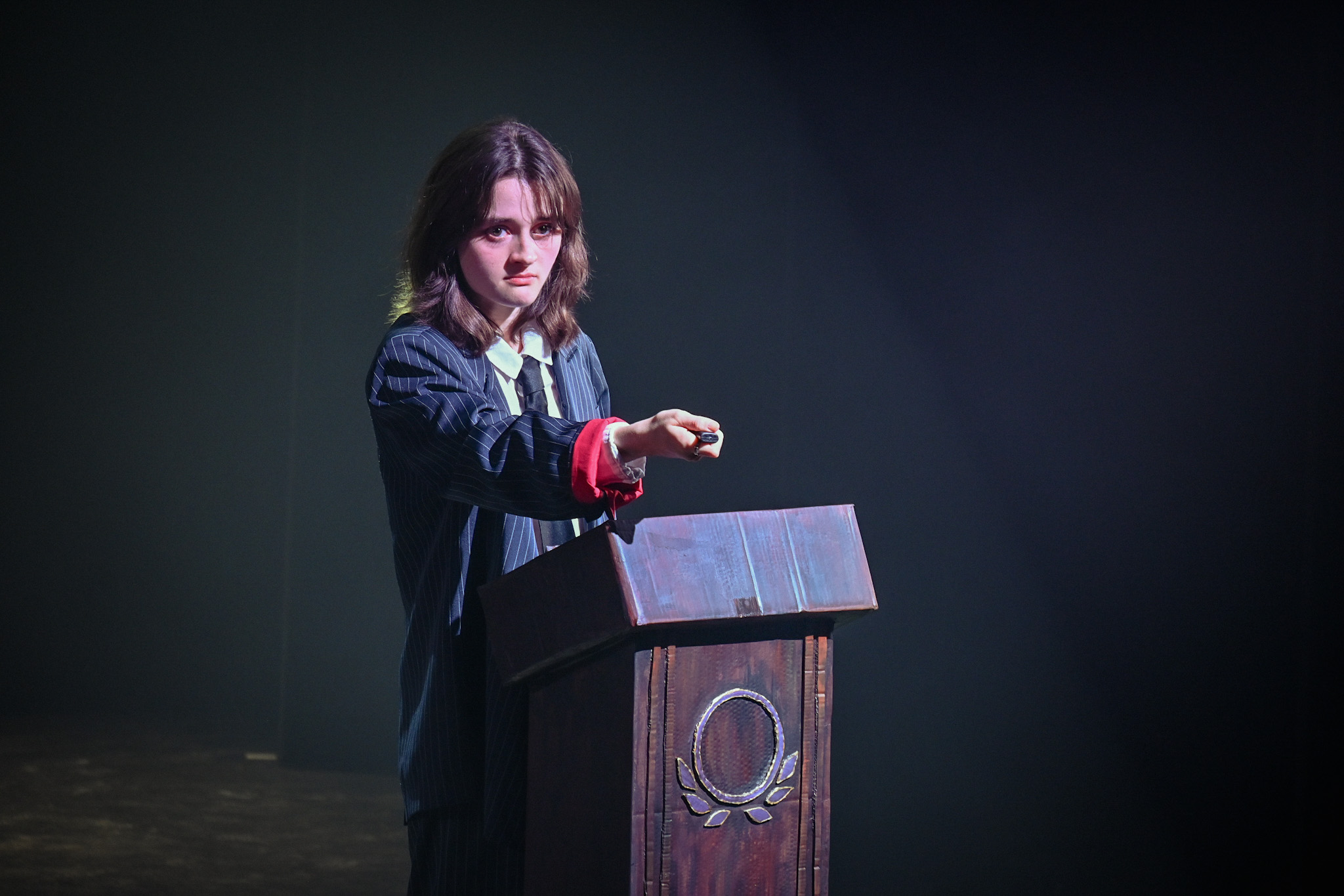 Emma Howard Littlefeild as Brutus gives Caesar's funerary speech
