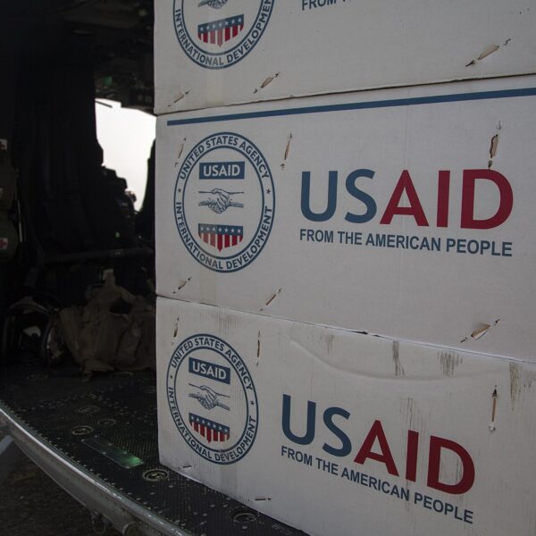 A U.S. Marine Corps UH-1Y Venom with Joint Task Force 505 is loaded with relief supplies from the United States Agency for International Development at Tribhuvan International Airport, Kathmandu.