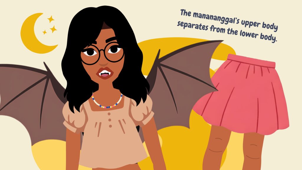Illustration of a manananggal, a female monster in Philippine folklore with bat-like wings. During transformation, her upper body detaches from her lower body, usually at night during a full moon.