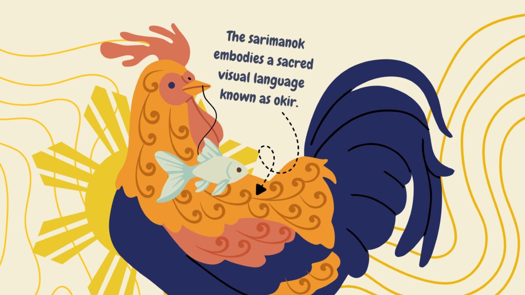 A colorful sarimanok, the legendary Maranao bird of Philippine folklore, with vibrant feathers and intricate okir carvings—traditional Maranao flowing geometric and plant-inspired motifs that symbolize artistry, status, and cultural heritage.