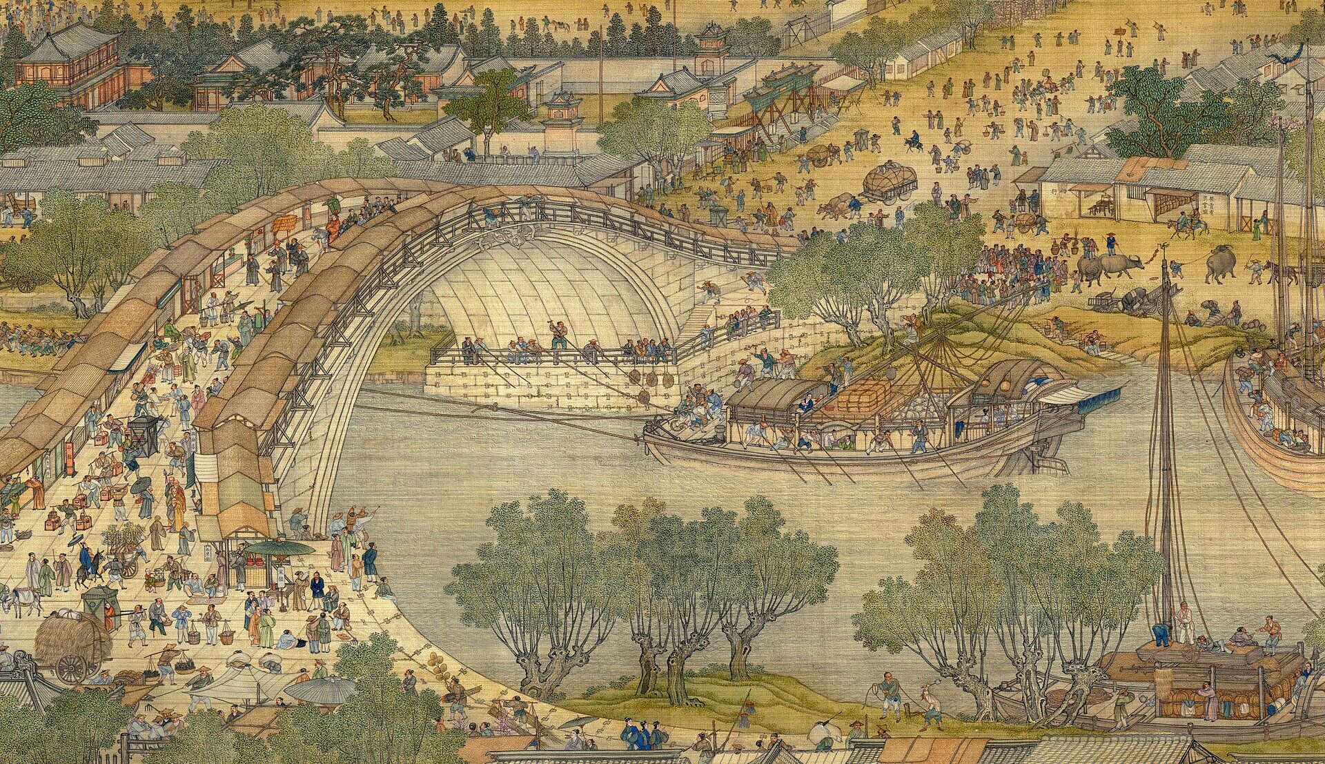 This is a section of the "Qing Court Version" of Along the River During the Qingming Festival.