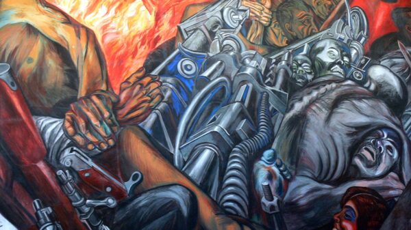Detail from José Clemente Orozco's 1934 mural 'Katharsis', depicting a chaotic mass of bodies and weapons, before columns of flame.