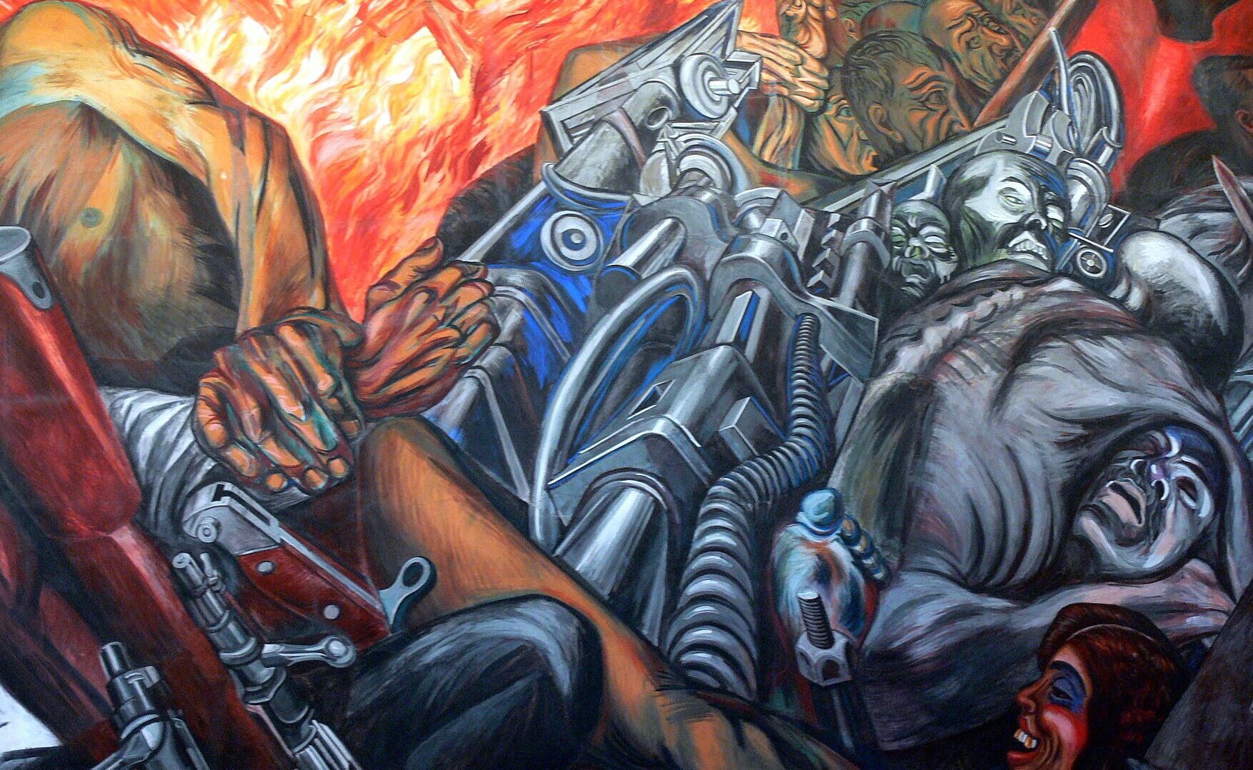Detail from José Clemente Orozco's 1934 mural 'Katharsis', depicting a chaotic mass of bodies and weapons, before columns of flame.
